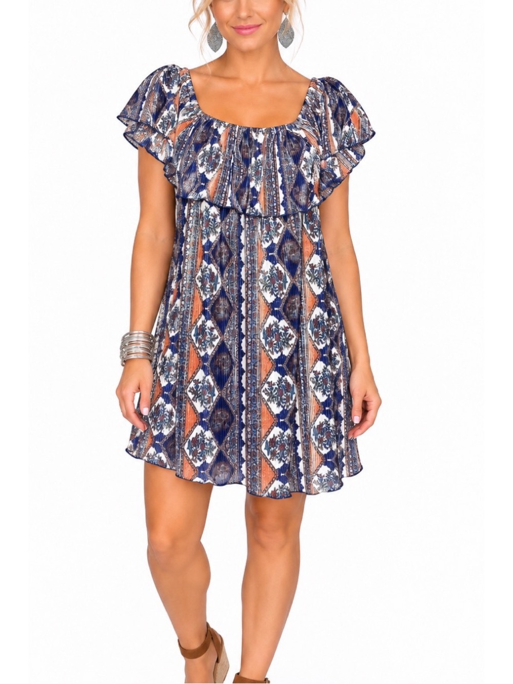 No Comment Boho Geometric Floral Mini Dress